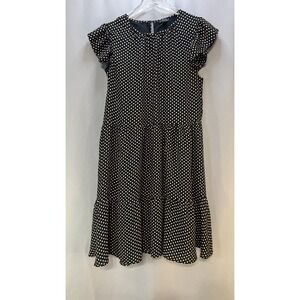 Ann Taylor Tiered Shift Dress Womens Medium Black White Polka Dot Keyhole Back